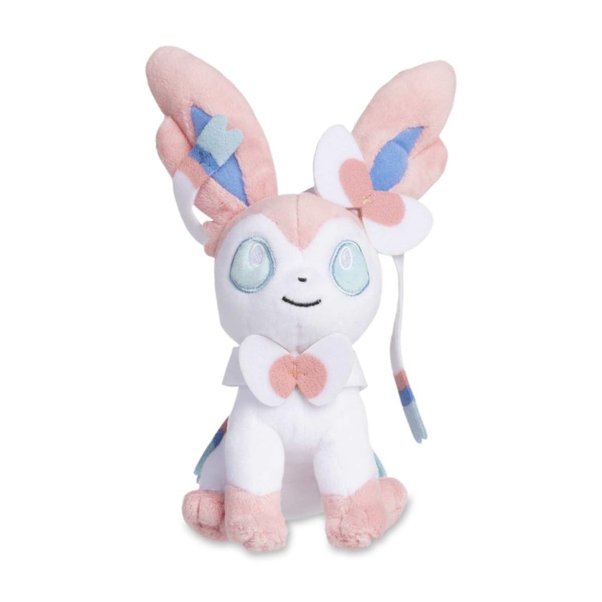Pokemon Center Sylveon Sitting Cuties Plush close-up highlights soft fur and weighted stability.