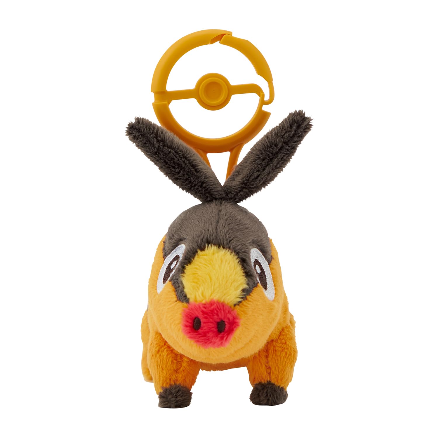 Pokémon Tepig plush with carabiner close-up showing soft texture and clip.