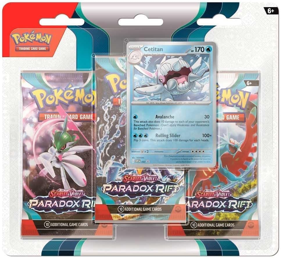 Pokémon Cetitan Paradox Rift 3-Pack Blister back view, card layout and accessibility highlight.