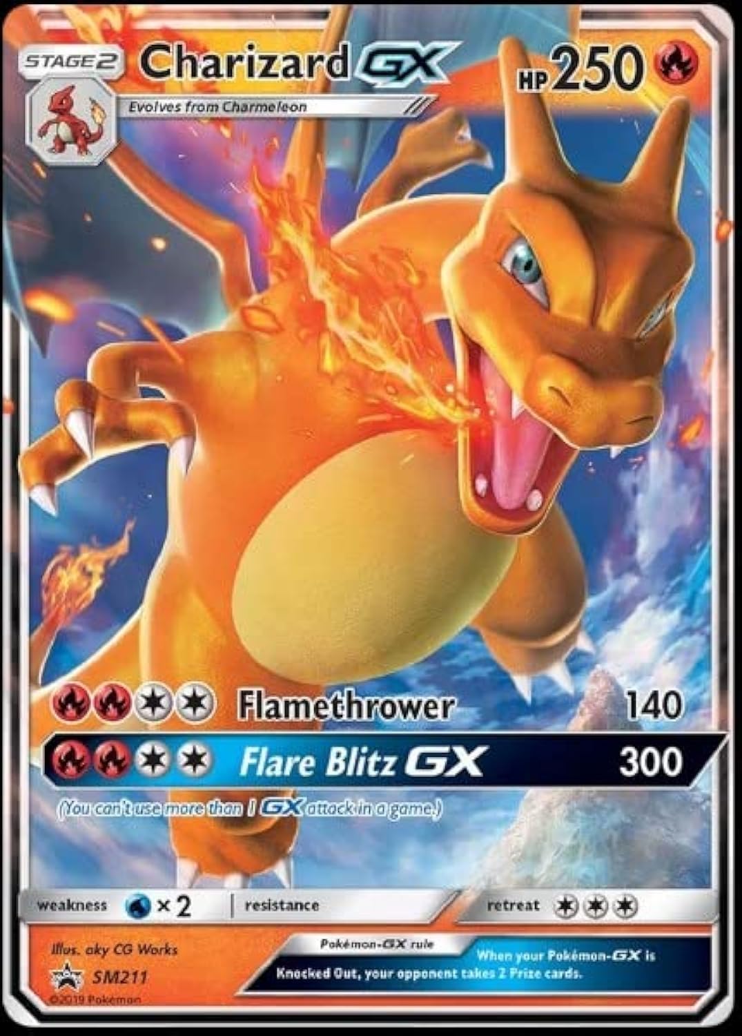 Pokémon Charizard GX SM211 holo card from Hidden Fates, a striking display piece for collectors and traders.