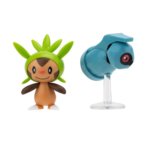 Pokemon Chespin and Beldum figures shown from the back for display options.