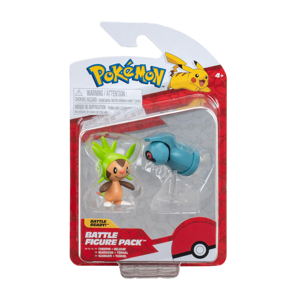 Pokemon Chespin and Beldum battle figures in an action-ready front pose.