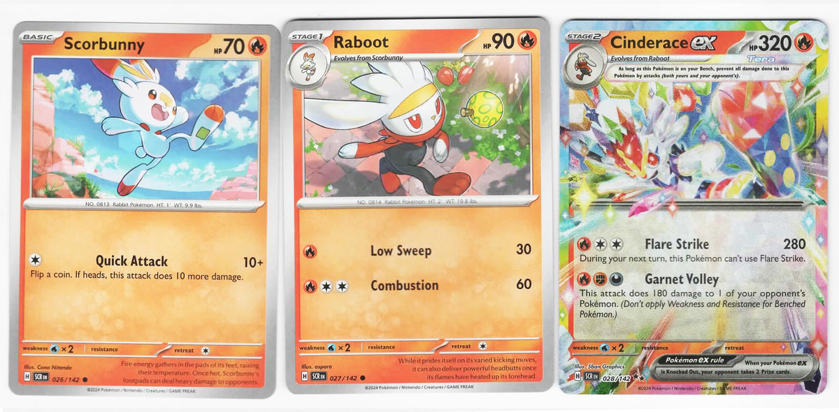 Pokemon Cinderace ex Stellar Crown card featuring Raboot and Scorbunny — great for collection and trading