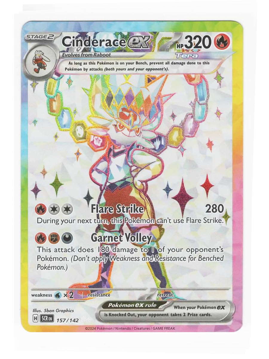 Pokemon Cinderace ex Stellar Crown full art foil card for display and collection.