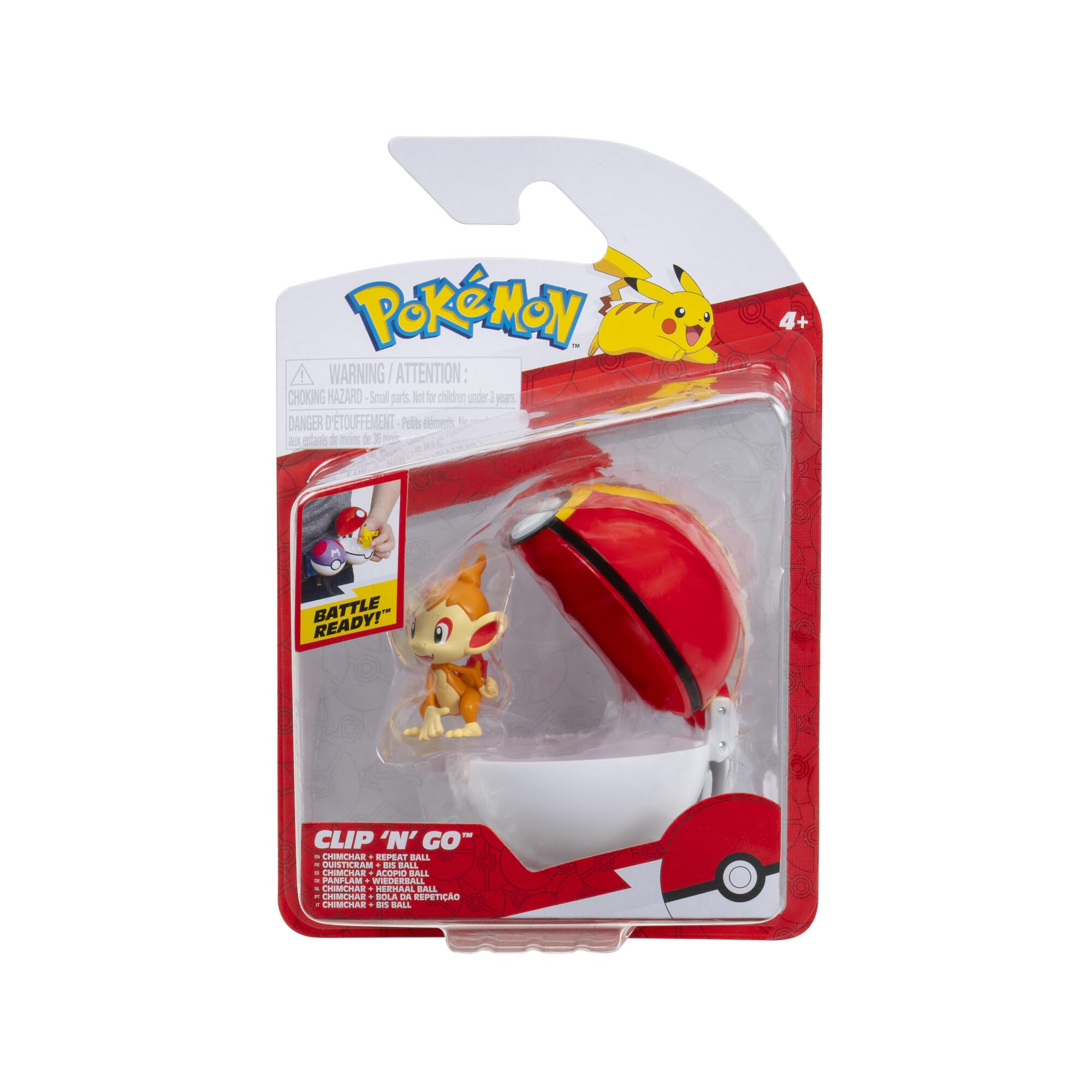 Pokémon Clip N Go Chimchar inside Repeat Ball for on-the-go training.