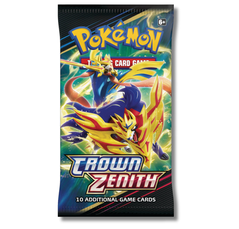 Open display of Crown Zenith boosters ready for a casual card-pull session.