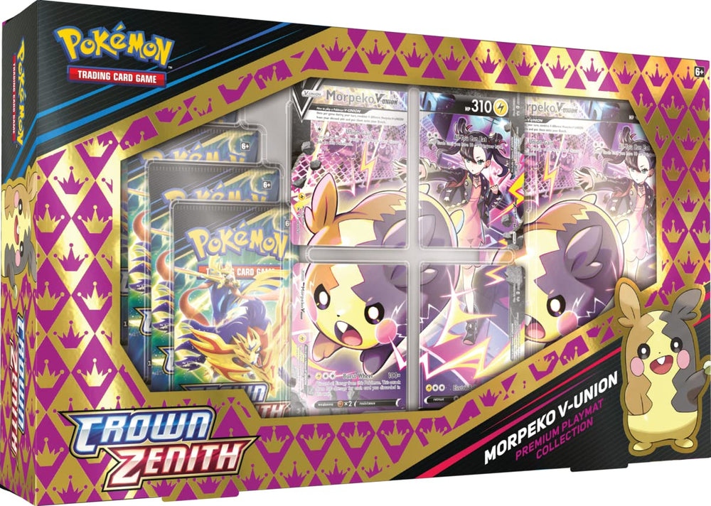 Pokemon Crown Zenith Morpeko V-Union playmat featuring Marnie, ideal for organized battles.
