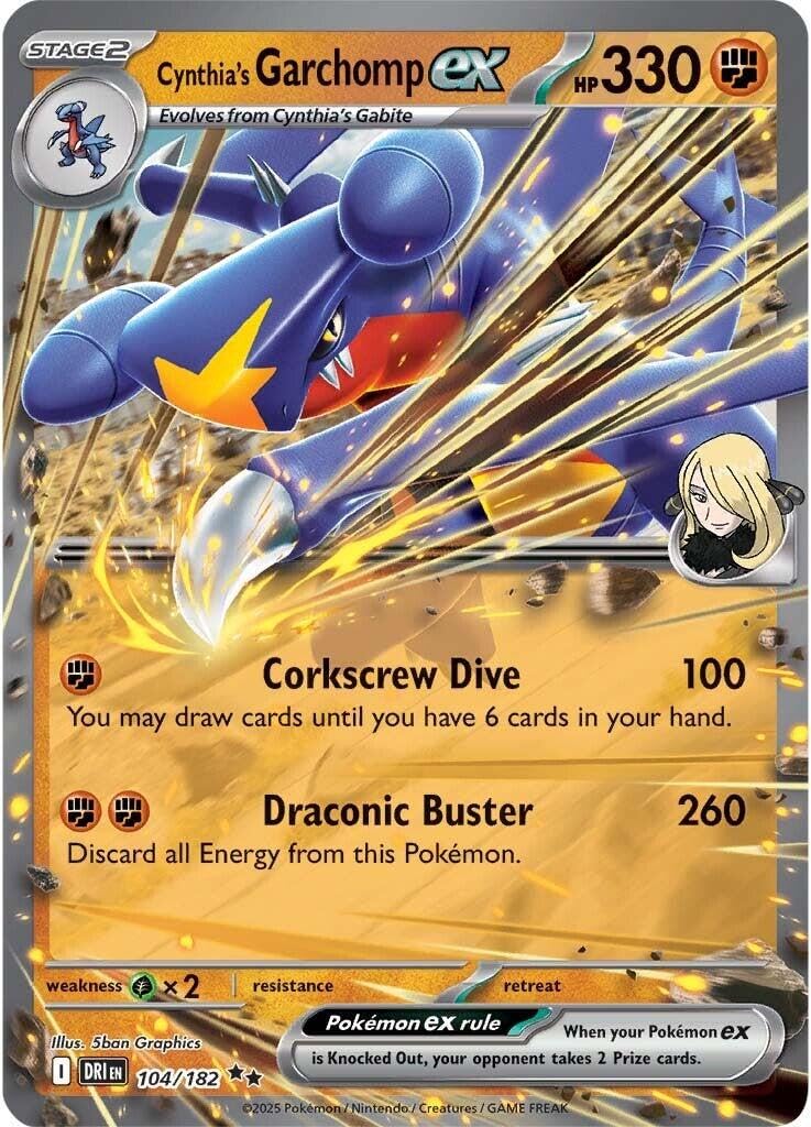 Pokémon Cynthia's Garchomp ex foil card offers premium shine for display and collection.