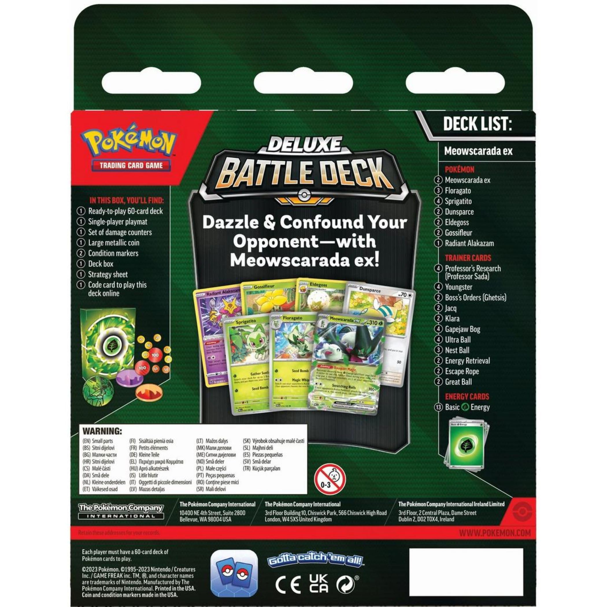 Pokemon Meowscarada Deluxe Battle Deck box and cards enabling dynamic duels