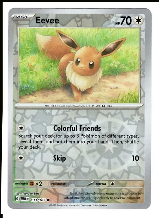 Pokemon Eevee 133/165 reverse foil card for collection display and trading