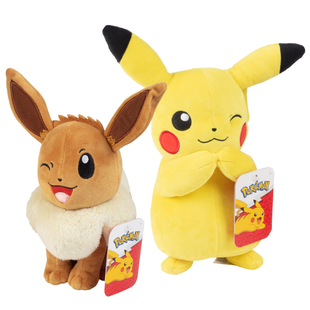 Pokémon Eevee and Pikachu plush 8-inch duo for cuddly playtime.