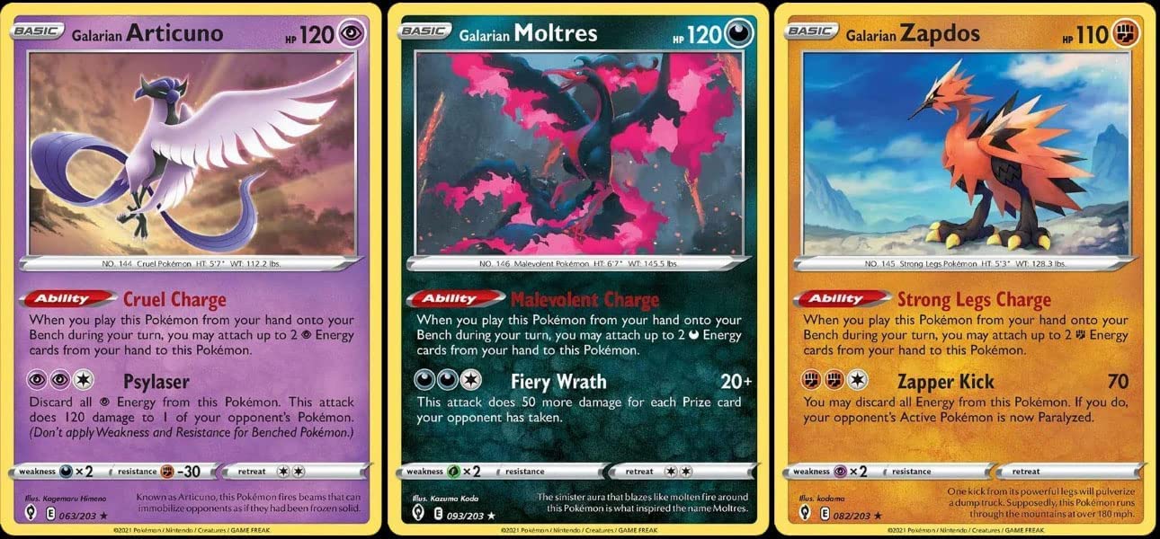 Pokémon Galarian Articuno Zapdos Moltres Evolving Skies card trio ideal for collection and display