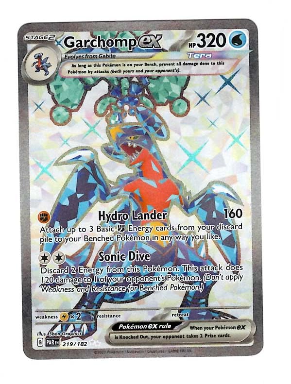 Pokemon Garchomp ex card from Paradox Rift, Tera Full Art, ideal for display and collection