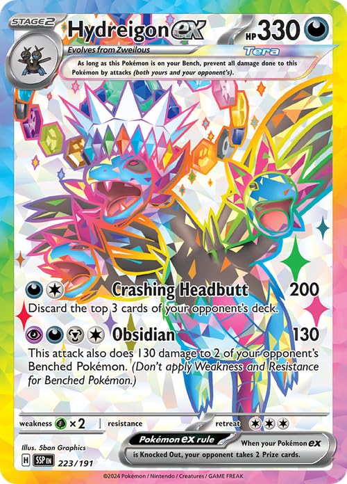 Pokémon Hydreigon ex Surging Sparks foil card ideal for display and collection.