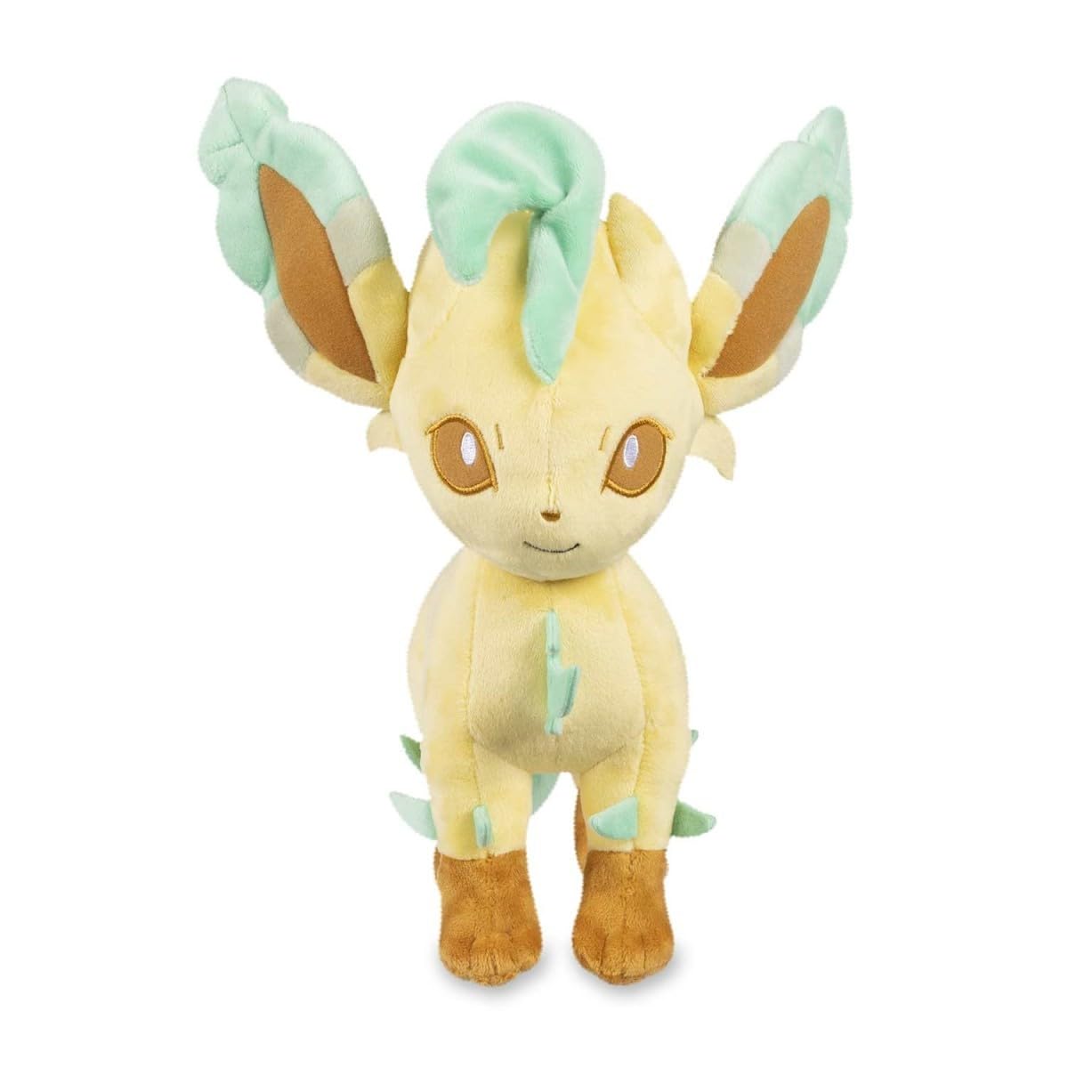 Pokemon Center Leafeon plush with a cheerful smile for cuddling.