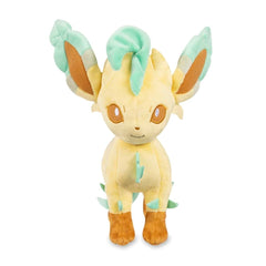 Pokemon Center Leafeon plush with a cheerful smile for cuddling.