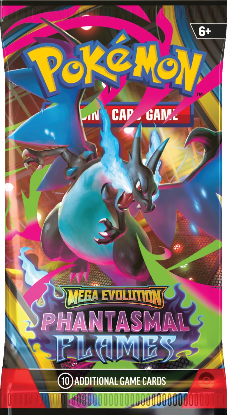 Pokémon TCG Mega Evolution Phantasmal Flames booster pack side view shows 10 cards and energy card for gameplay