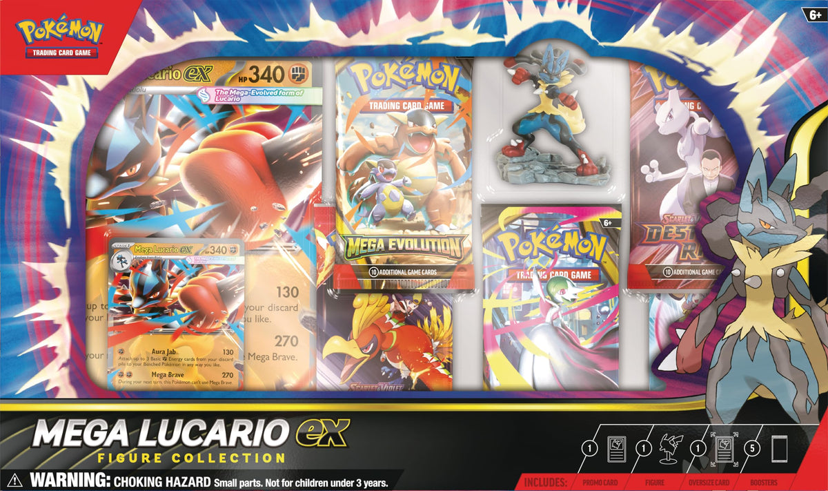 Pokémon Mega Lucario ex etched foil promo card showing its radiant finish and rarity for display
