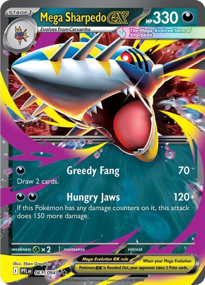 Pokemon Mega Sharpedo ex card with Phantasmal Flames foil, ideal for display and collection.
