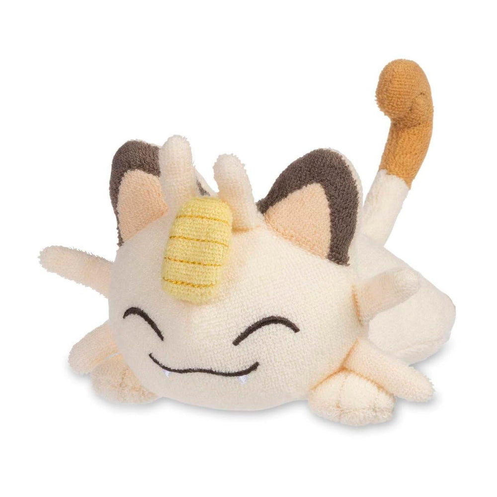 Pokemon Center Meowth Comfy Cuddlers plush front view shows soft terry fabric for cozy play.