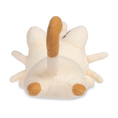 Pokemon Center Meowth Comfy Cuddlers plush texture closeup emphasizes soft terry cloth touch.