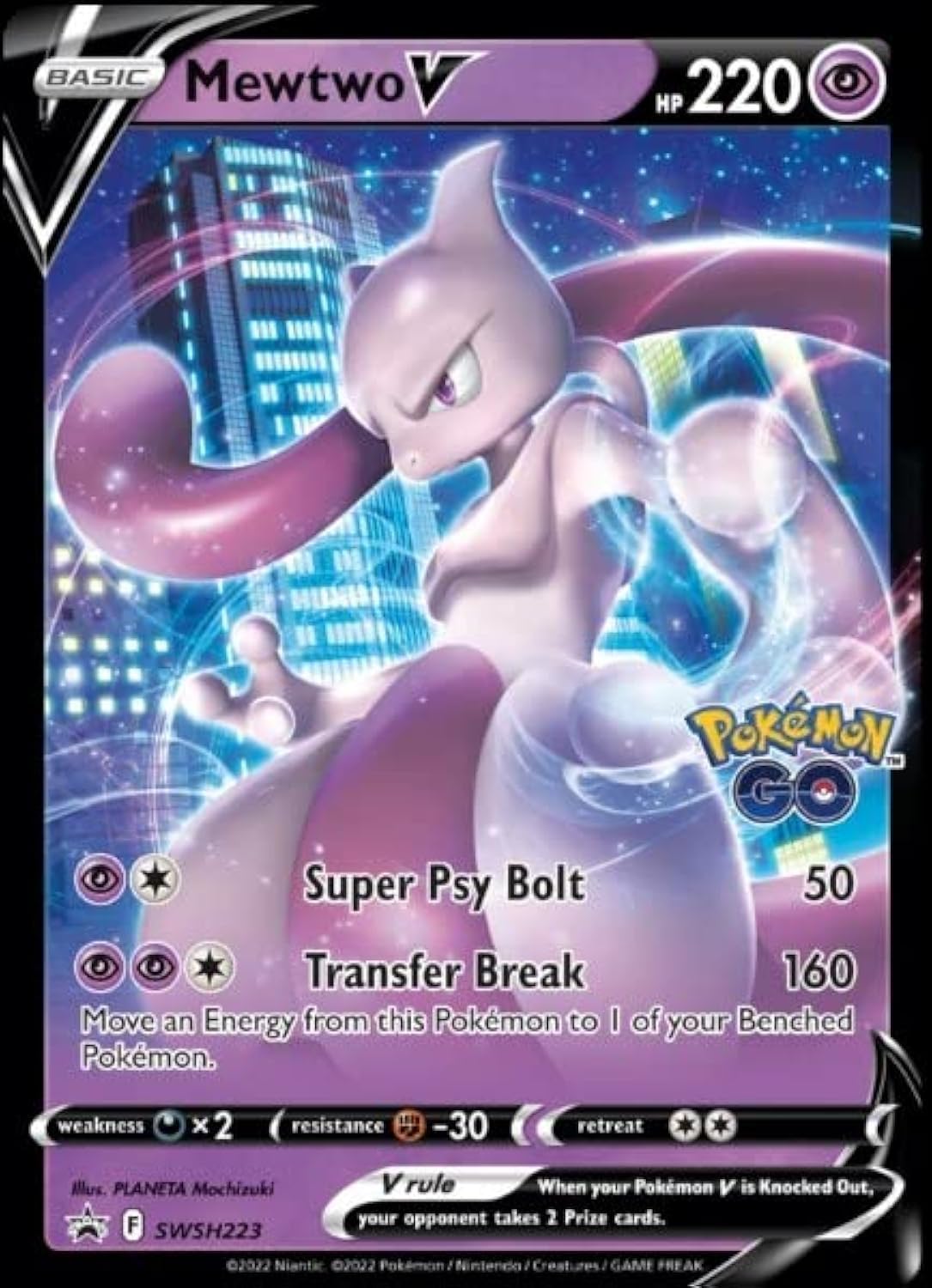 Pokemon Mewtwo V card from SWSH223 Black Star Promo; ideal for collection and gameplay in Pokemon Go.
