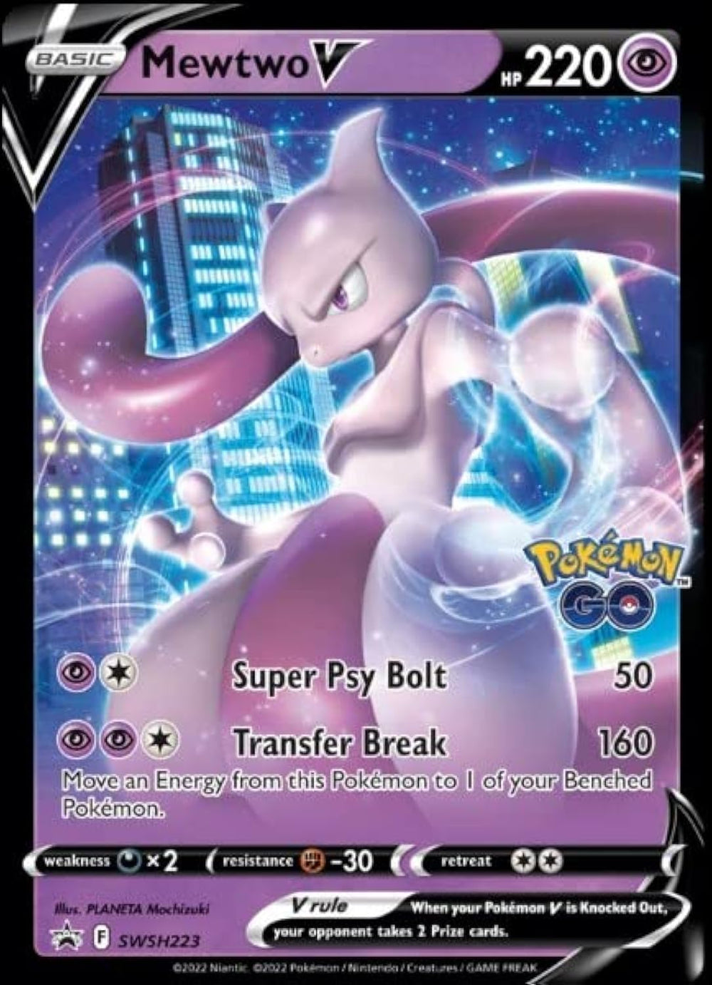 Pokemon Mewtwo V card from SWSH223 Black Star Promo; ideal for collection and gameplay in Pokemon Go.