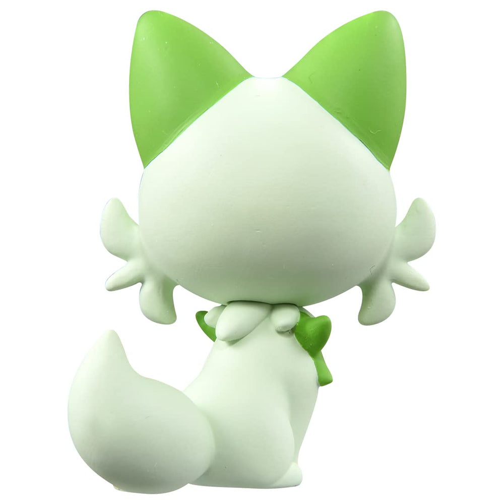 Pokemon Moncolle MS03 Sprigatito on stand highlights heroic pose for display.