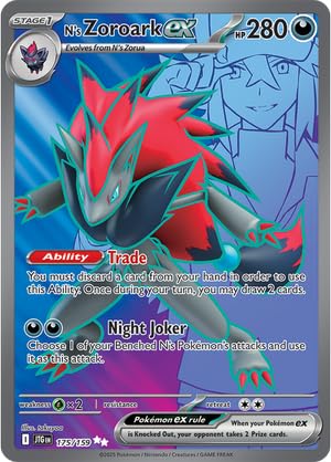 Pokemon N's Zoroark ex 175/159 Journey Together foil full-art card for display and collection.
