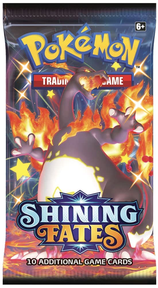 Pokémon Shining Fates booster pack interior view, showing contents for battle-ready setups.