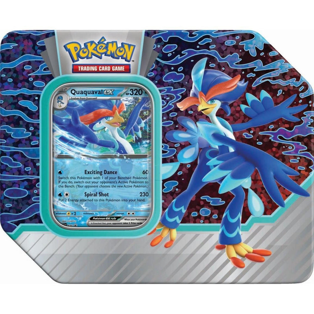 Pokémon Quaquaval EX Tin front display, ideal for expanding your collection.
