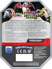 Pokémon Paldean Fates ex tin includes four booster packs for face-to-face battles.