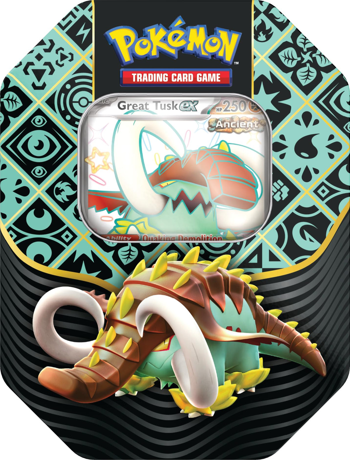 Pokémon Paldean Fates ex Great Tusk promo tin shines with collectible foil card.