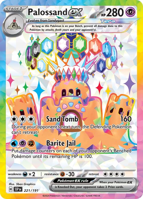 Pokemon Palossand ex 221/191 Surging Sparks foil card for display.