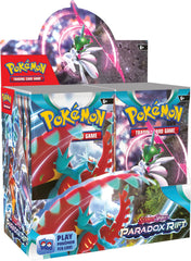 Pokemon Paradox Rift booster display front view shows boxed collection and packs.