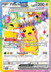 Pokemon Pikachu ex Surging Sparks foil full-art card enhances display and collection value.