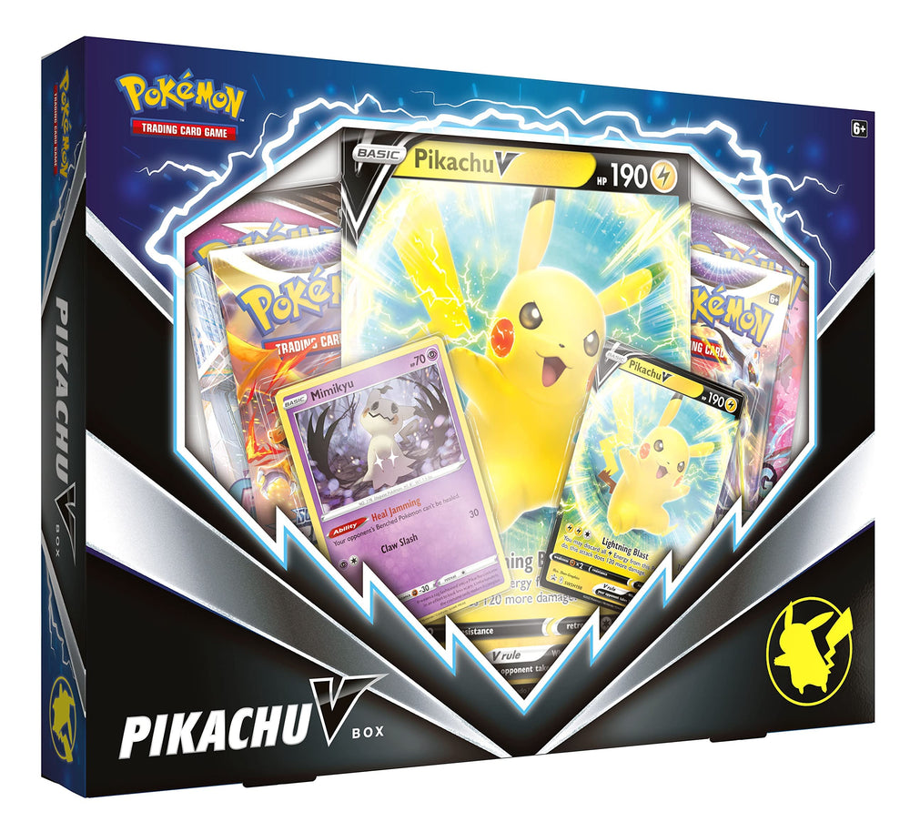 Pokemon Pikachu V Box foil Mimikyu card adds collectible flair.