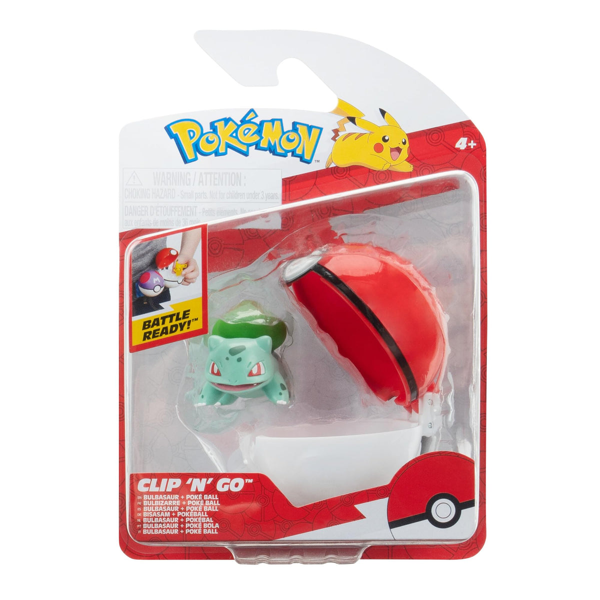 Pokémon PKW Bulbasaur with Poké Ball plush clip for portable play.