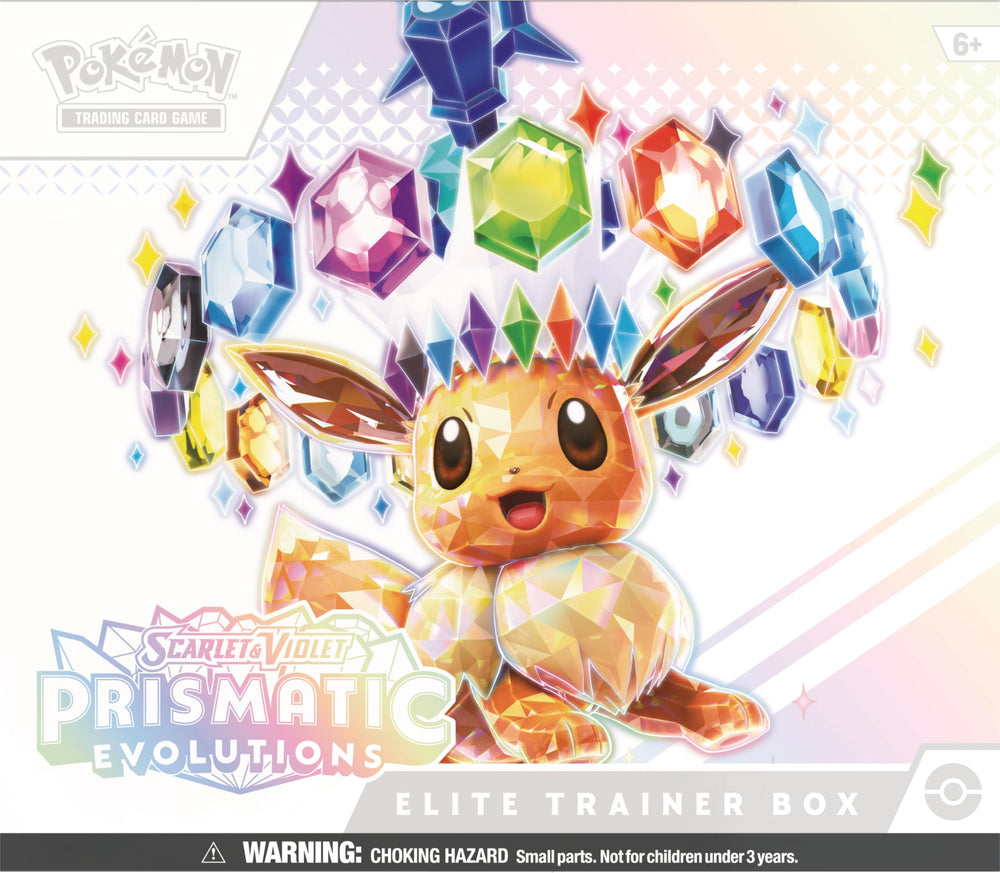 Pokémon Prismatic Evolutions ETB booster packs ready for gameplay and collection.