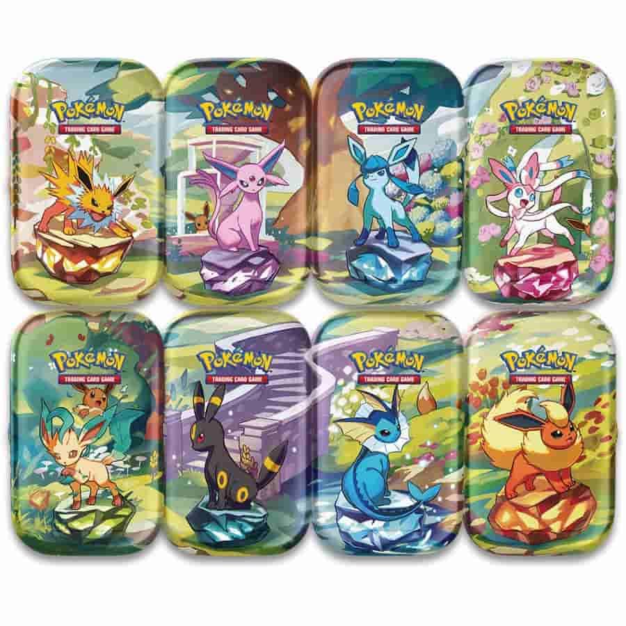 Pokemon Prismatic Evolutions mini tin opened, showcasing boosters and promos for expanding your deck.