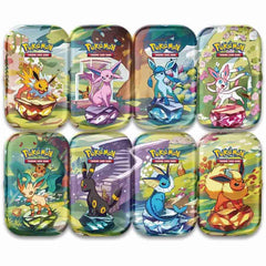 Pokemon Prismatic Evolutions mini tin opened, showcasing boosters and promos for expanding your deck.