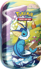 Pokémon Prismatic Evolutions Vaporeon tin illustration for on-the-go play