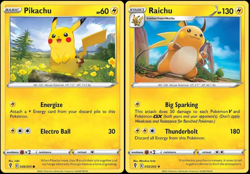 Pokémon Raichu 050/203 and Pikachu 049/203 from Evolving Skies set, great for rare evolution card collection.