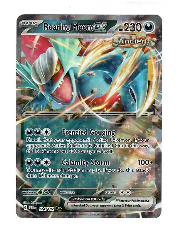 Pokemon Roaring Moon ex 124/182 card from Paradox Rift, mint condition for display and collection