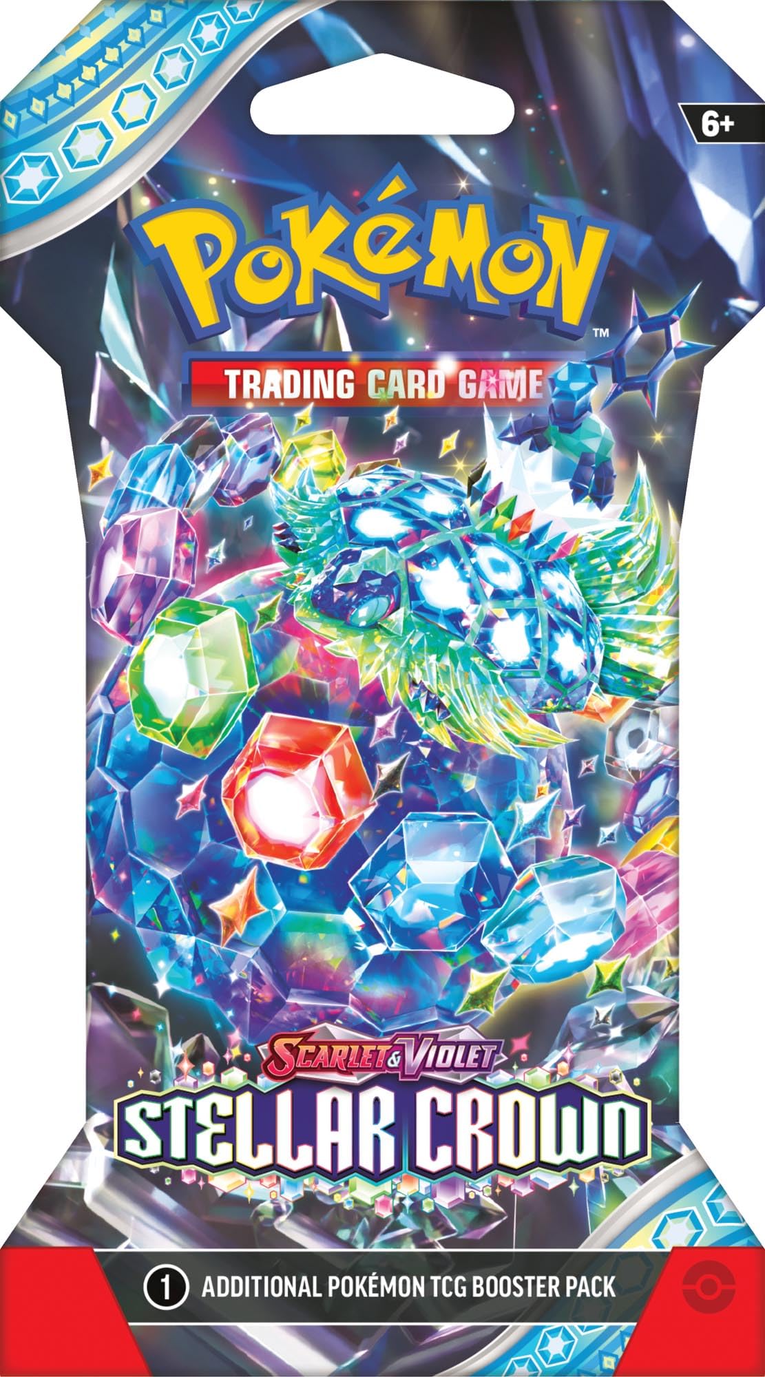 Pokémon Scarlet & Violet Stellar Crown blister pack front displays bright, collectible packaging.