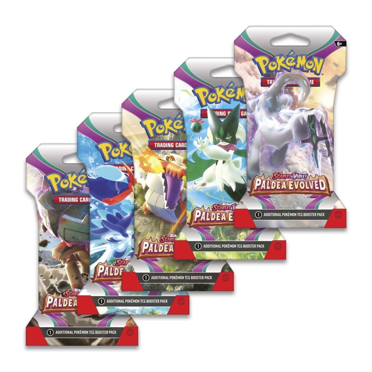 Pokemon TCG Scarlet and Violet Paldea Evolved display with eight sleeved booster packs for collection.