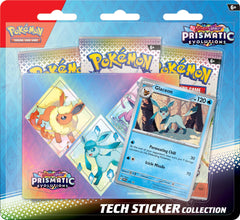 Pokemon Prismatic Evolutions tech sticker collection highlights Leafeon, Glaceon, or Sylveon with a vibrant finish.