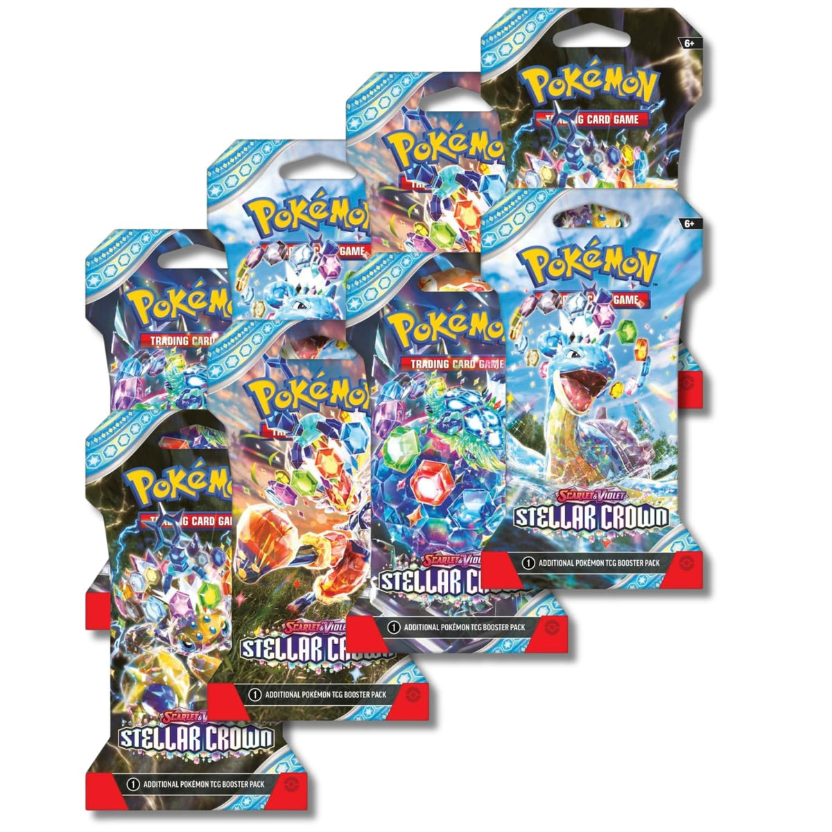 Pokémon Scarlet & Violet Stellar Crown booster packs front view, ideal for quick collection expansion.