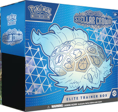 Pokemon Scarlet Violet Stellar Crown ETB cover with eye-catching artwork for display.