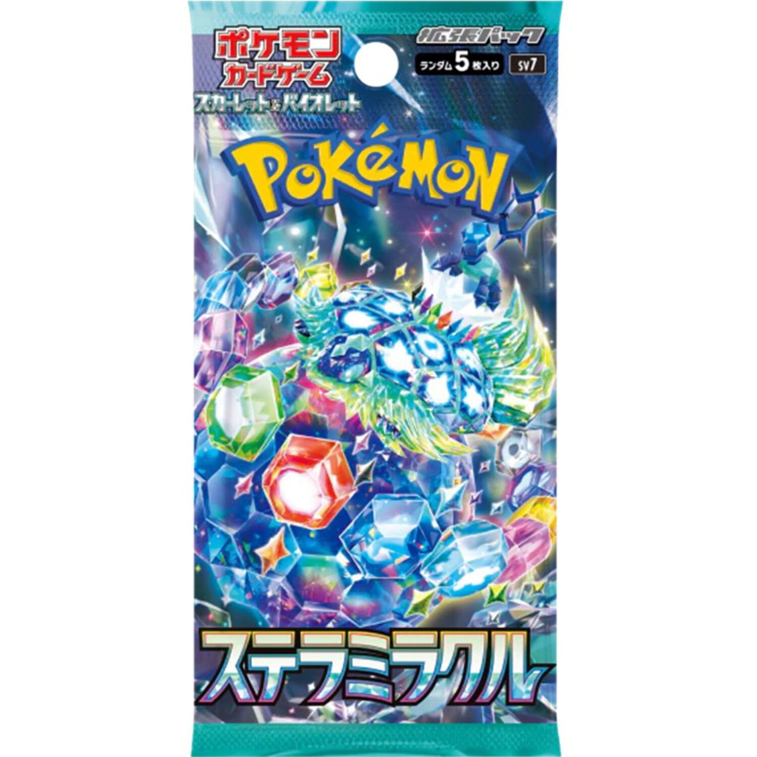 Pokemon Scarlet and Violet Stellar Miracle Pack cards inside, five-card pulls for exciting collection updates.